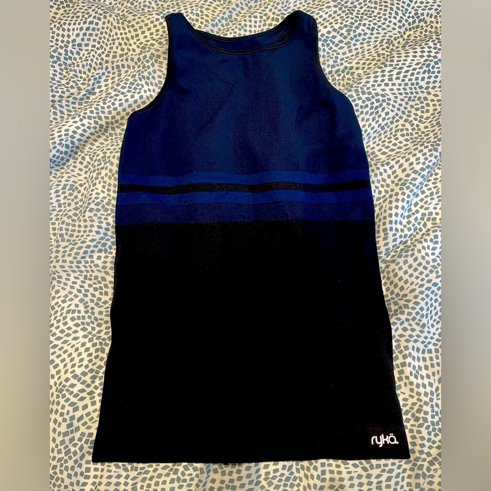 Blue and black sleeveless workout shirt